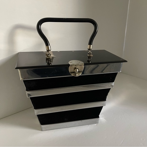 Vintage 1950s chrome, black lucite & velvet Dorset Rex of Fifth Avenue purse - Picture 13 of 16